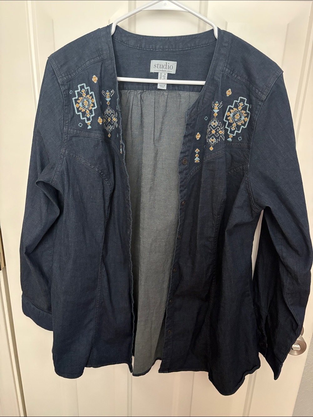 Studio Navy Shirt Jacket with Yellow and Light Blue Embroidery